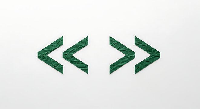 Green crumpled paper angle brackets on white background
