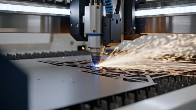 Industrial laser cutter machine cutting through sheet metal with intense sparks and precision in a factory setting