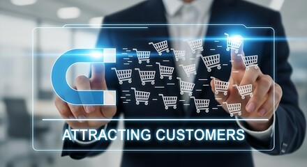 Fototapeta premium Customer attraction concept. A digital marketer's hands touch a holographic 'magnet' that attracts 'shopping cart' icons, symbolizing customer attraction.