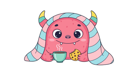 Cute Pink Monster with Horns Enjoying Coffee and Cookie © Iwak