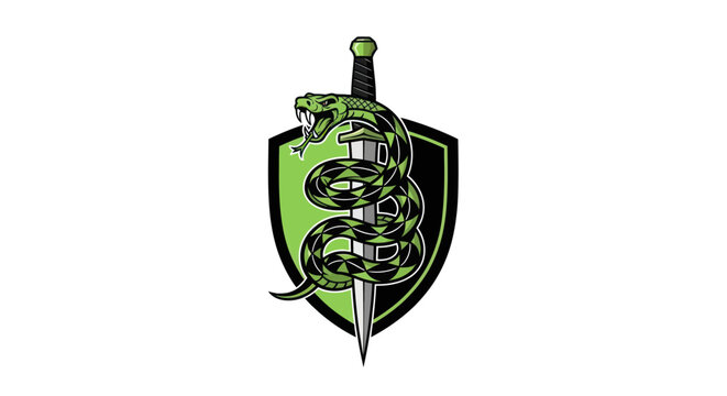 Aggressive Snake Wrapped Around Sword and Shield Emblem, Green and Black Logo
