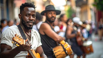 Naklejka premium African American men playing musical instruments.