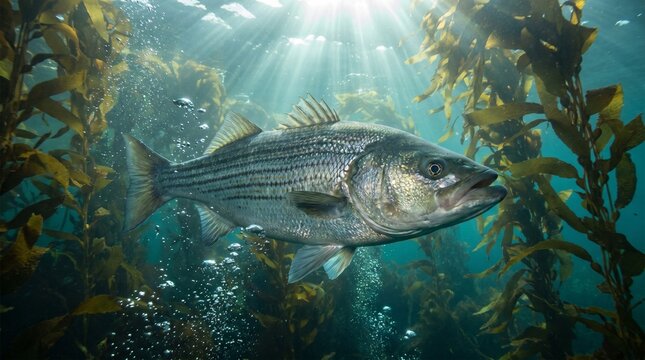 Striped Bass Swimming in Kelp Forest Underwater