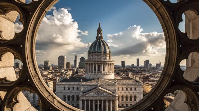 St Pauls Cathedral dome viewed through ornate gothic stone window