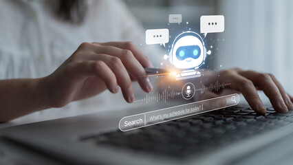 Obraz premium AI assistant with voice chat interface, combining smart chatbot, voice command, and AI-powered control search tools. Agentic AI assistant helps users search and chat naturally. Spline