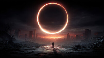 Fototapeta premium Eclipse, fantasy, mysterious, supernatural. A dramatic digital artwork depicts a solitary figure standing in the middle of a desolate landscape. The figure, facing away from the viewer.