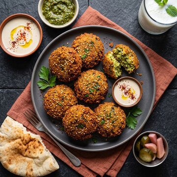 Professional Close-Up Photograph of Authentic Arabic Falafel - Crispy Golden Chickpea Fritters with Herbs and Sesame Seeds - Dark Matte Background - 8K Stock Photo
