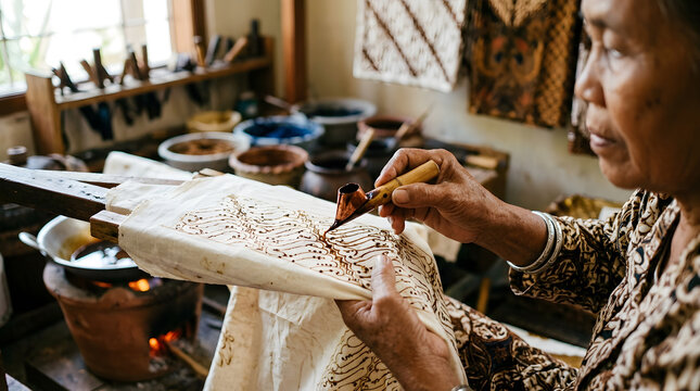 Traditional batik artist skillfully creates intricate patterns using wax-resist dyeing on fabric, preserving cultural heritage