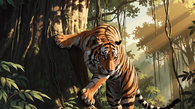 Tiger climbing a large tree in a sunlit tropical jungle