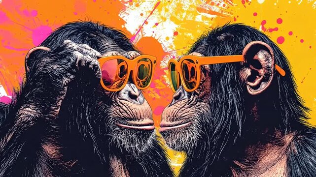 Two expressive chimpanzees wearing bright orange sunglasses with a colorful abstract pop art background