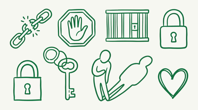 Collection of hand-drawn icons representing freedom, security, and relationships, including a broken chain, padlock, key, cage, stop sign, and heart.