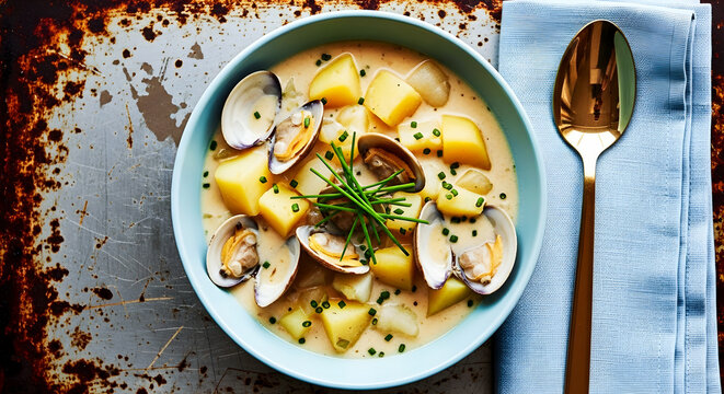 Delicious seafood chowder, clam soup, bowl with spoon, creamy broth, fresh herbs