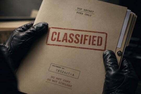 Classified document folder with confidential stamp on wooden desk in dim light