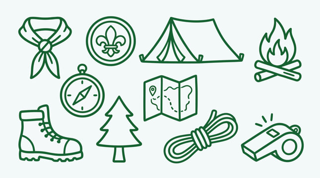 Collection of scout-themed icons including a tent, campfire, compass, and hiking boot, representing outdoor adventure and scouting activities.