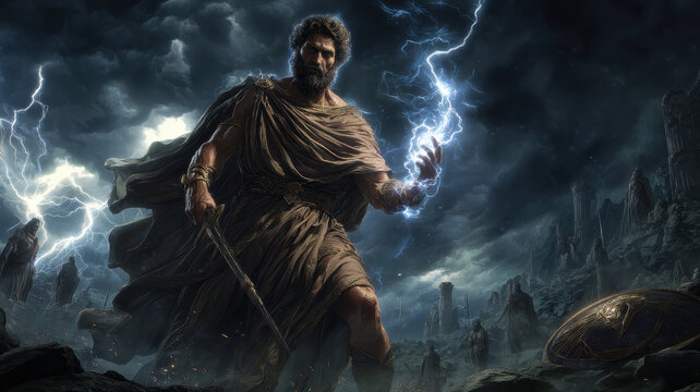 Greek mythology god Zeus. Fantasy. A dramatic portrayal of a male figure, likely ancient Greek or Roman, standing amidst a stormy landscape.
