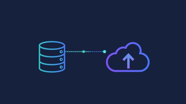 Animated motion graphics showing a digital database cylinder icon connecting to a cloud icon with an upload arrow. Concept of server data backup and cloud storage migration infrastructure