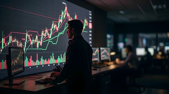 Financial trader analyzing stock market data on large digital display