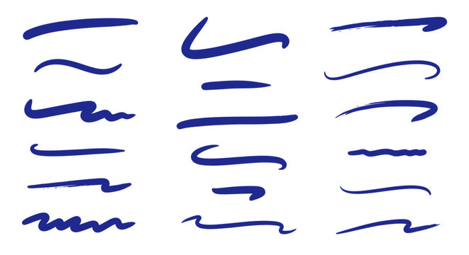 Set of Hand-Drawn Blue Underline Swashes and Strokes on White Background