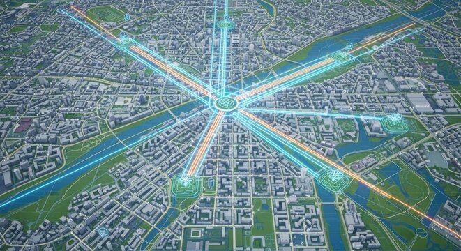 Aerial view of a city with digital pathways and network connections