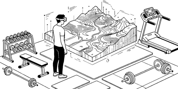 Man in virtual reality headset training in gym with holographic map