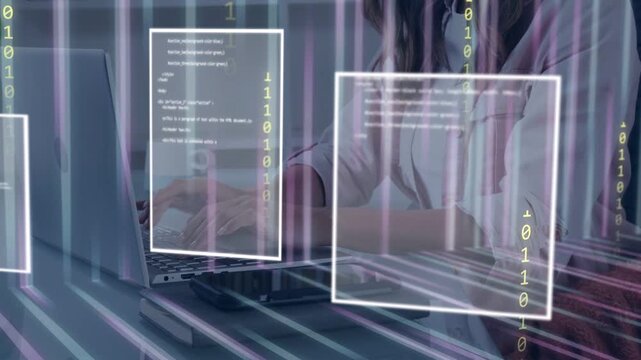 Woman typing at desk, creating growing code panels over laptop obscuring subject, visualizing data