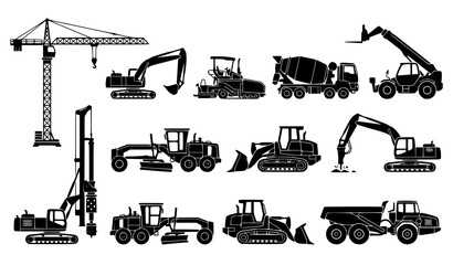 Construction equipment silhouette collection cranes excavators dump trucks and concrete mixers © KHATUN