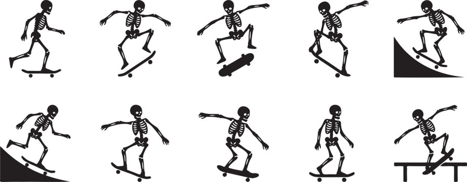 Skeleton Skateboard Silhouette Icon Sheet.