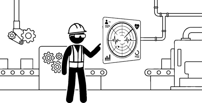 Factory worker stick figure monitoring industrial control screen