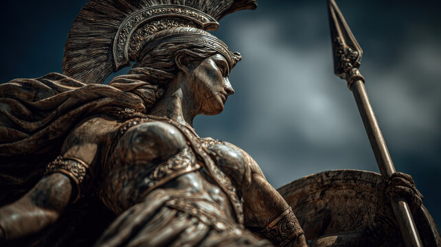 Greek mythology god Athena. Fantasy. A detailed bronze statue depicts a warrior in a dynamic pose, holding a spear and shield. The warrior wears ornate armor and a helmet with a featherlike design.