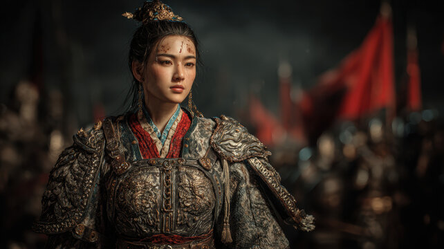 Fantasy wallpaper. A detailed portrayal of a female warrior, likely from a historical or fantasy setting. She wears ornate, metallic armor with intricate patterns and designs.