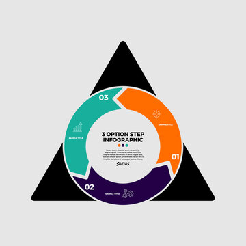 Infographic shape vector triangle circle with 3 option steps, for visual presentation templates or business reports. Vector editable.
