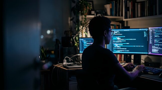 Professional female software developer coding on multiple monitors at night