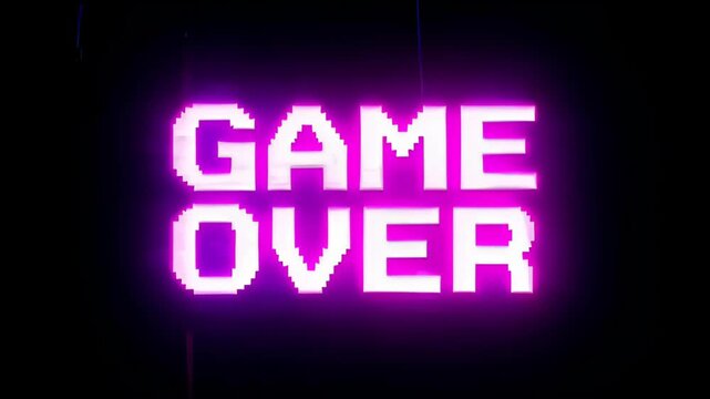 Game Over Glitch Distortion Progress Arcade Screen Neon Purple Retro Digital Pixel Typography with Dark Screen, Blue Glow, Error Mood, Black Background and Pixel Effect