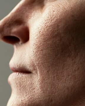 realistic close-up of menopausal cheek skin with collagen loss and rough texture, visible pores and subtle sagging,