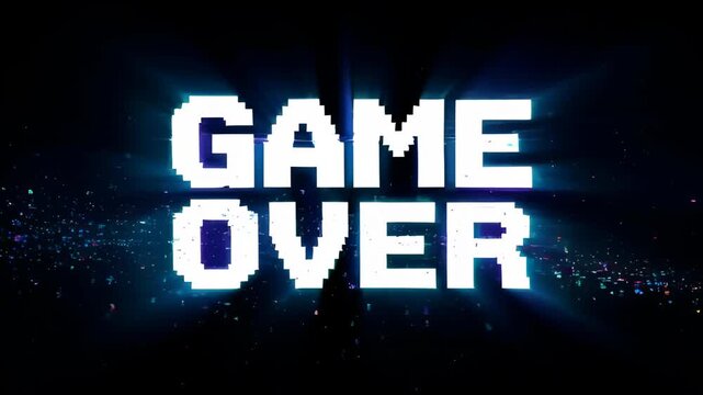 Glitch game over distortion progress pixel text over dark space and black background, digital retro arcade screen error with dramatic end state