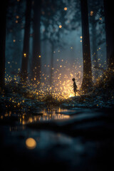 Fototapeta premium Fantasy wallpaper. A digital artwork depicts a mystical forest scene at night. A fairy with delicate wings stands in the foreground, gazing into the distance.