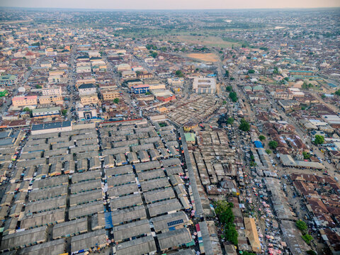 Aerial view of central market featuring dense rows of stalls and surrounding urban architecture Kaduna, Kaduna, Nigeria.