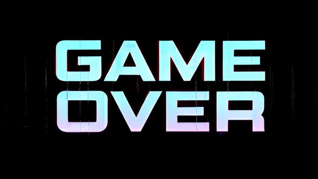 Retro game over title with neon glitch and distortion over black screen, progress fade and digital error, game over glitch distortion progress over game neon text on black background
