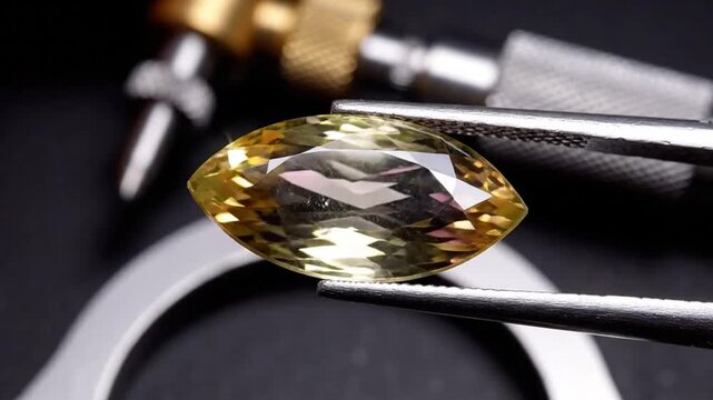 Marquise-cut gemstone held by tweezers, sparkling reflections of cut surfaces, close up view showing precision of jewelry craftsmanship