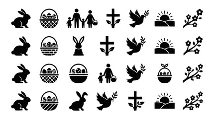 Obraz premium Easter Icons Set: Rabbits, Baskets, Family, Cross, Dove, Sunrise, Blossom Branch