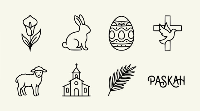Easter Symbols Icons Line Art: Cross, Dove, Lamb, Bunny, Egg, Church, Calla Lily, Palm