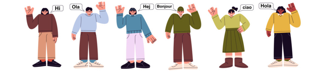 Flat vector illustration of diverse people waving hands and saying hello speech bubbles in different languages. for multilingual communication, global community greeting flyer, and language school web © NUR
