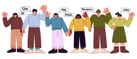 Flat vector illustration of diverse people waving hands and saying hello speech bubbles in different languages. for multilingual communication, global community greeting flyer, and language school web © NUR
