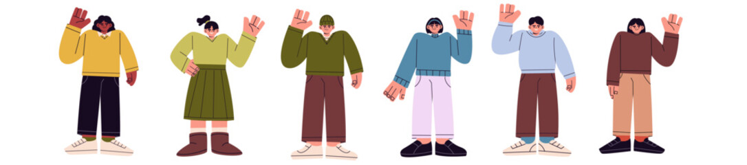 Flat vector illustration of diverse people waving hands and saying hello. for banner, poster, apps, multilingual communication, global community greeting flyer, and language school web © NUR