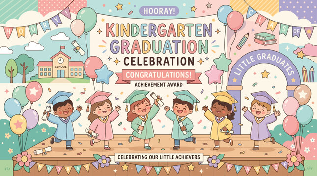 Joyful kindergarten graduates celebrate their significant academic milestone on stage, a vibrant illustration of early educational achievement and the bright future awaiting young learners