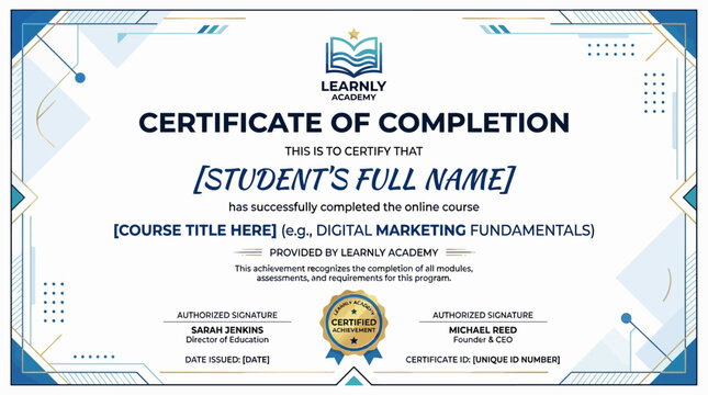 Official digital certificate of completion for an online course from an academy, signifying successful educational achievement and professional skill development