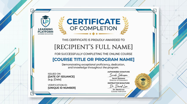 Official Completion Certificate Template for Online Learning Programs and Professional Achievement Recognition - Modern and Formal Document Design