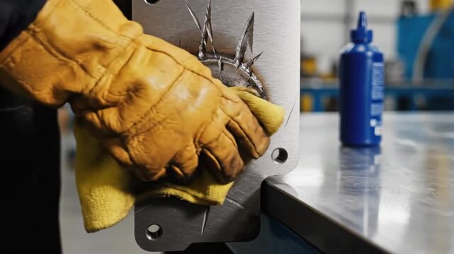 Industrial worker cleaning metal component with a yellow cloth and protective glove in a workshop