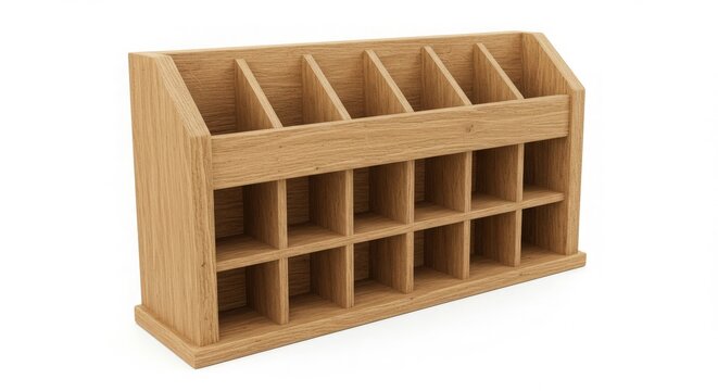 Wooden multi compartment desk organizer with cubby slots.