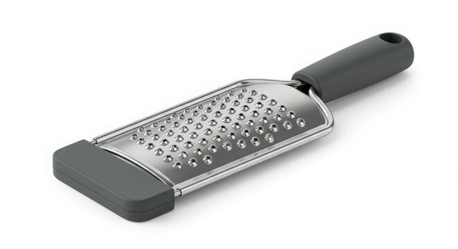 Stainless steel hand grater with black handle for kitchen cooking tasks.